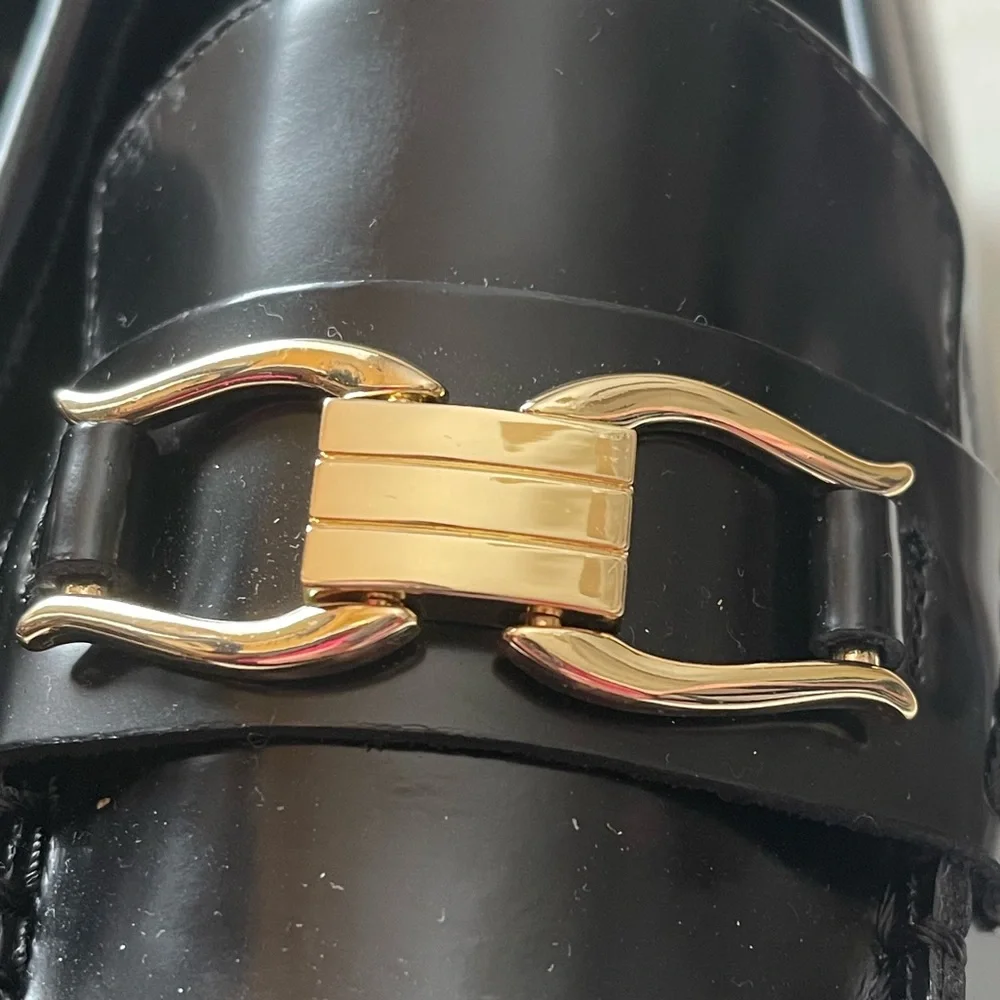 Talbots Gianna Chunky Black Leather Loafers with Gold Buckle Size 8M 2 inch Heel - Picture 6 of 7